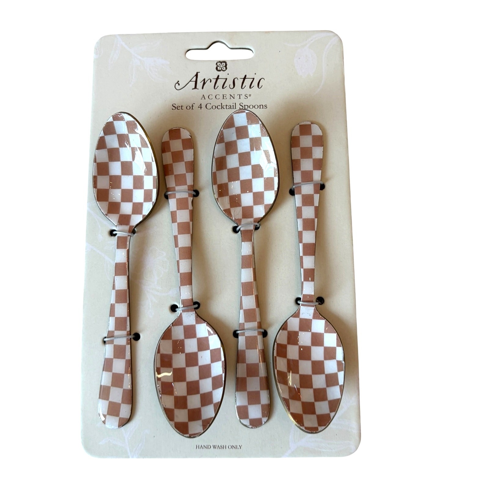 Artistic Accents Checkered Cocktail Spoons Set of 4 Enameled Taupe & White New