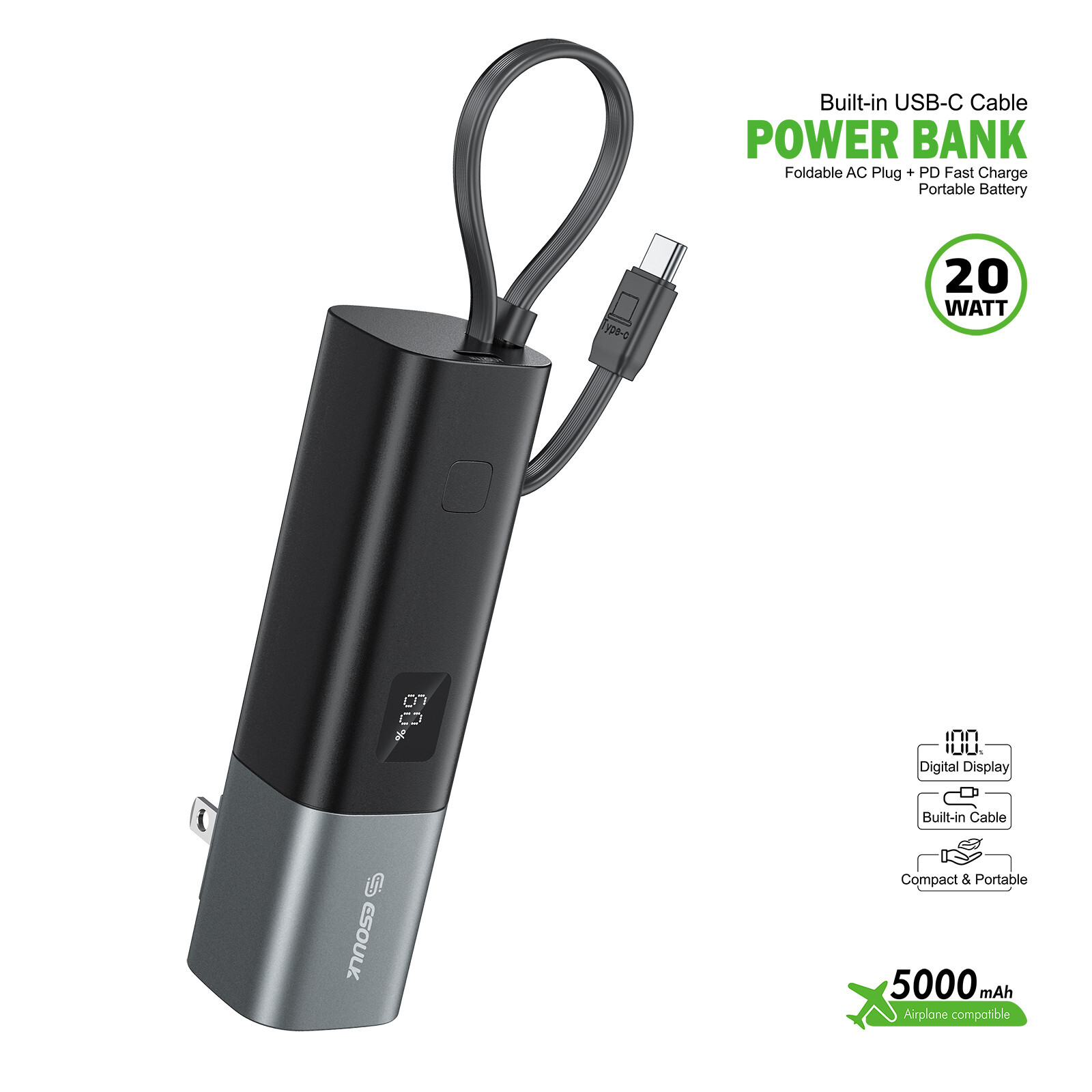 For Motorola Moto G POWER 5G 2023 5000mAh Built-in AC Plug Portable Charger