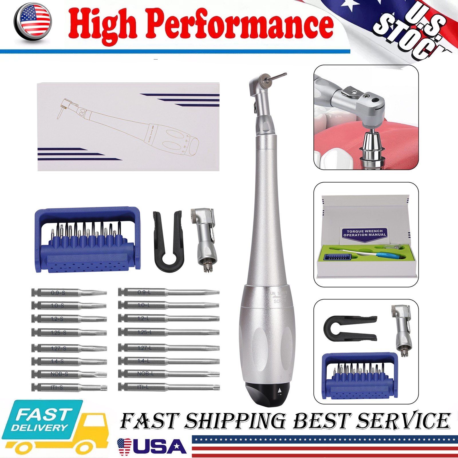 Universal Dental Implant Kit Torque Wrench Contra Angle & 16pcs Drivers Sliver
