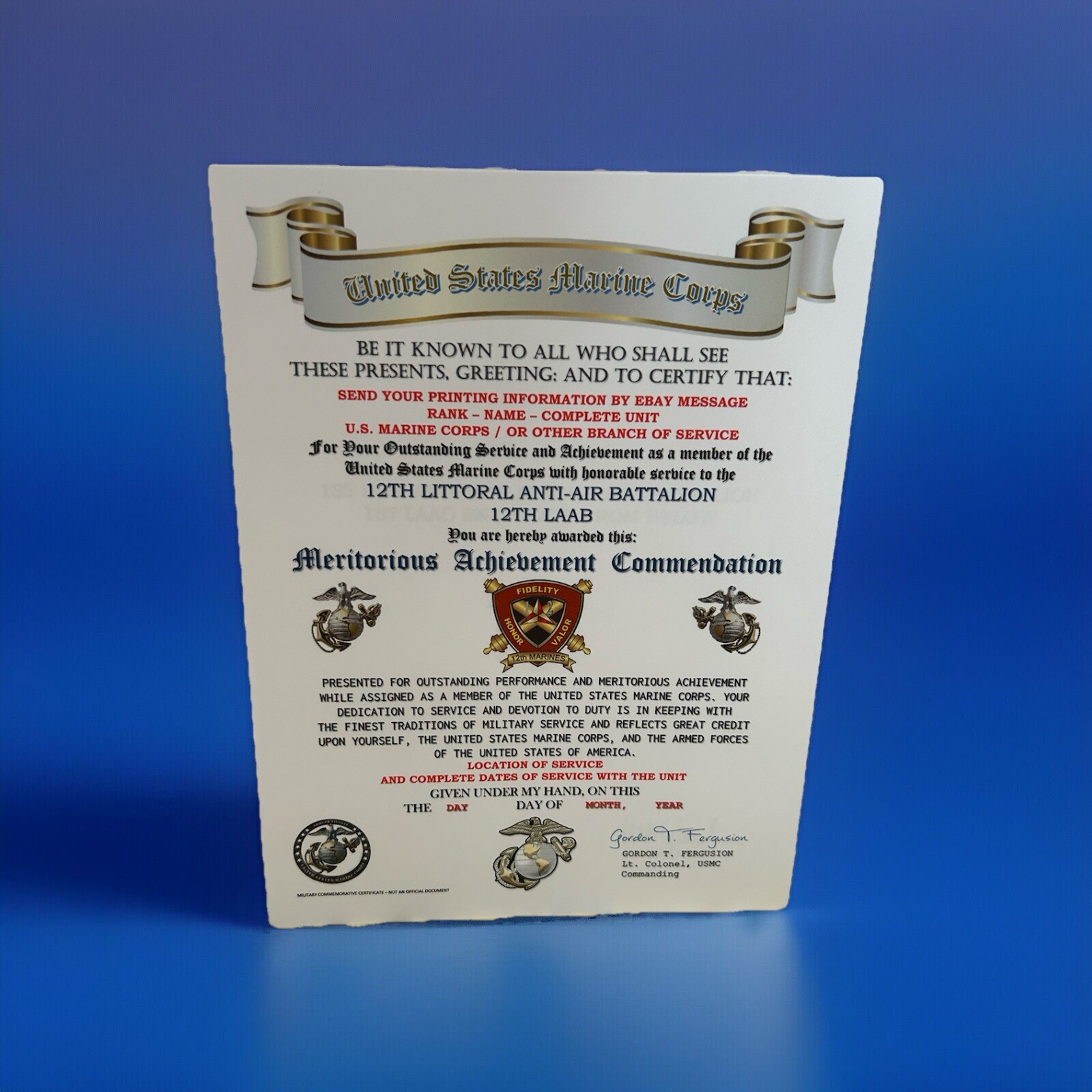 U.S.M.C. / 12TH LITTORAL A.A. BATTALION / MERITORIOUS ACHIEVEMENT COMMENDATION