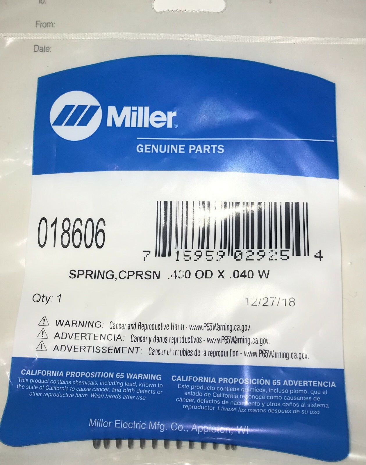 Miller 018606 .430" X .040" Wire X 1.500" Compression Spring