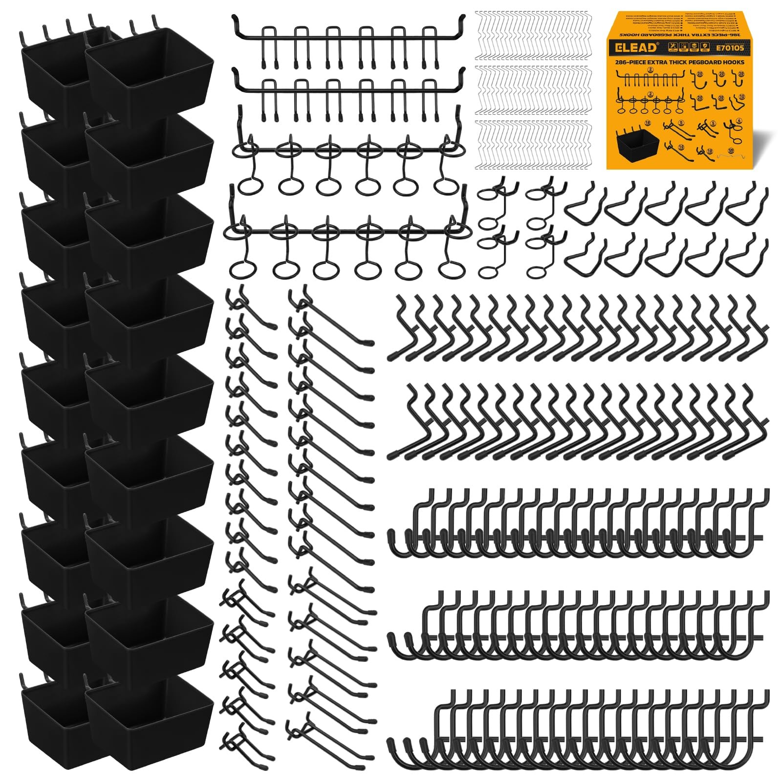 ELEAD 286-Piece Extra Thick Pegboard Hooks Set, Black