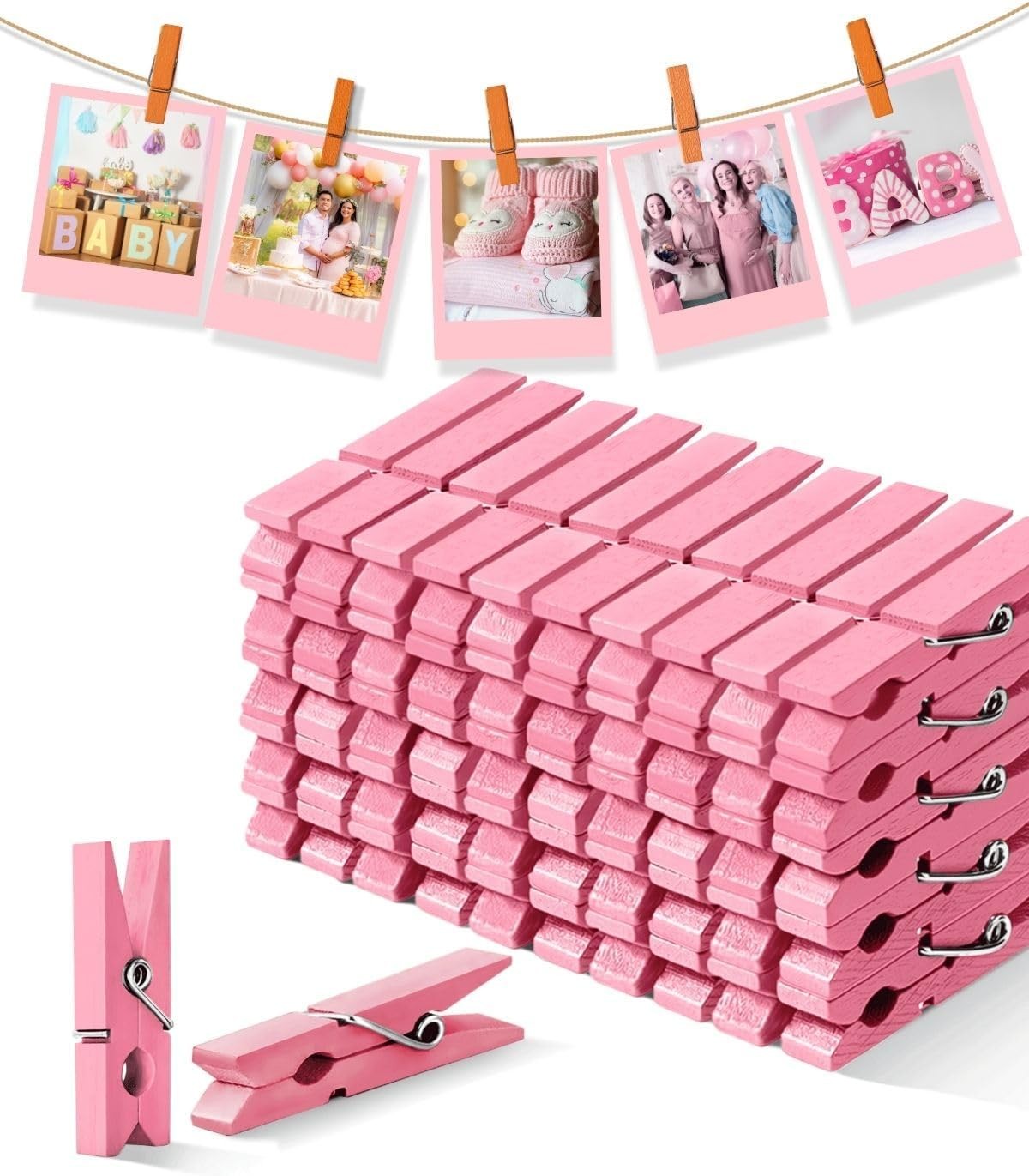 Pink Clothes Pins for Baby Shower, Mini Wooden Clothespins 1.4 Inch 50