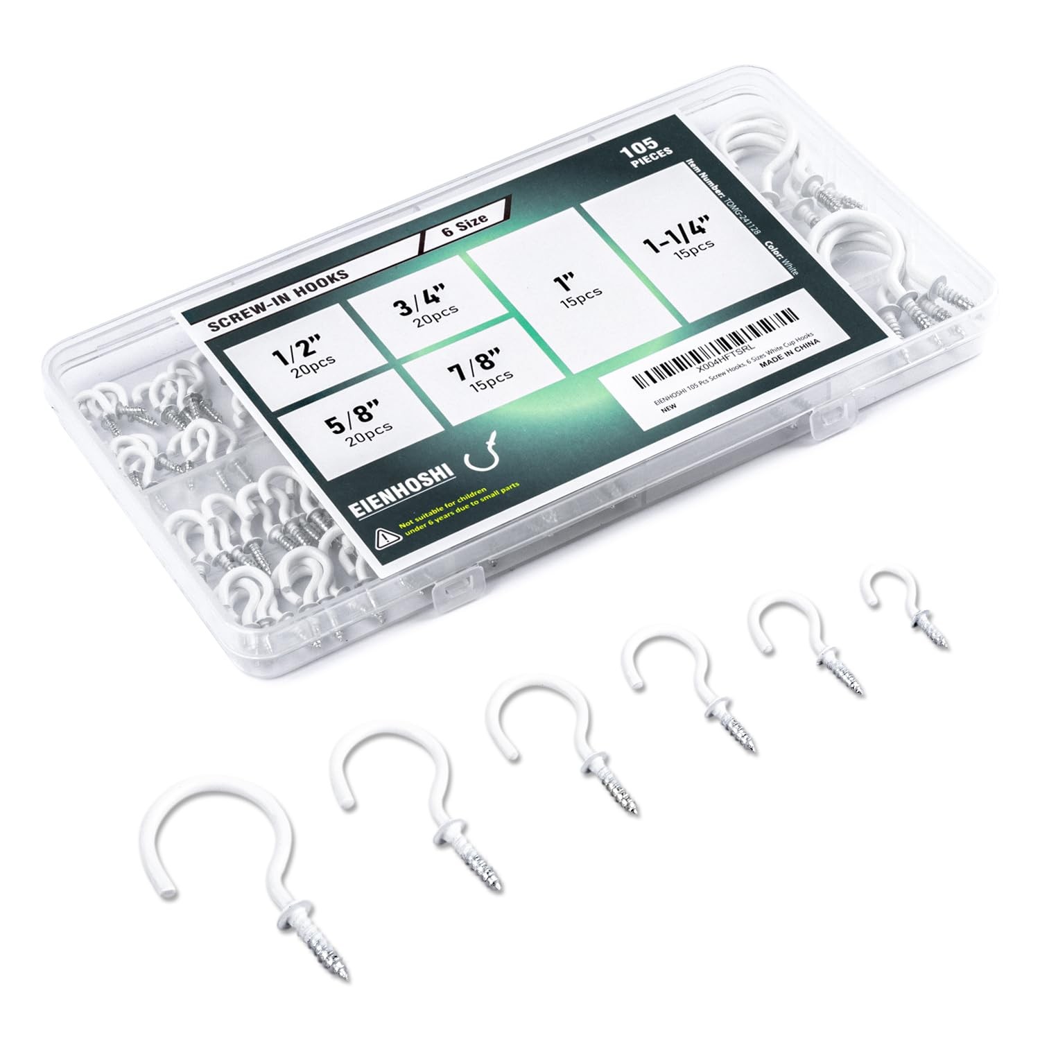105 PCS 6 Sizes White Cup Hooks Metal Screw In Hanging Hangers Assortment