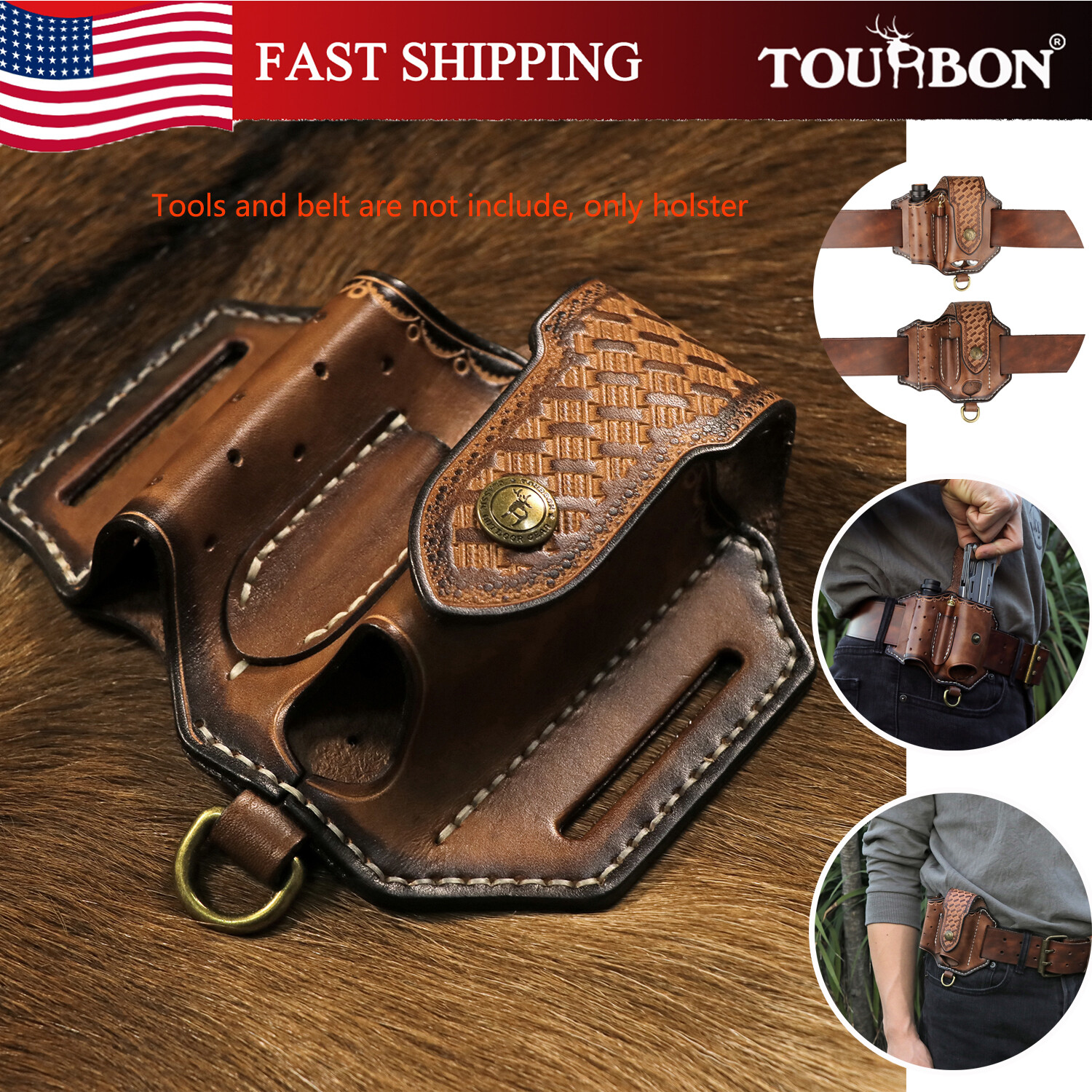 TOURBON 4-in-1 Leather Multitool Belt Holster for Flashlight/EDC/Pen Sheath Gift