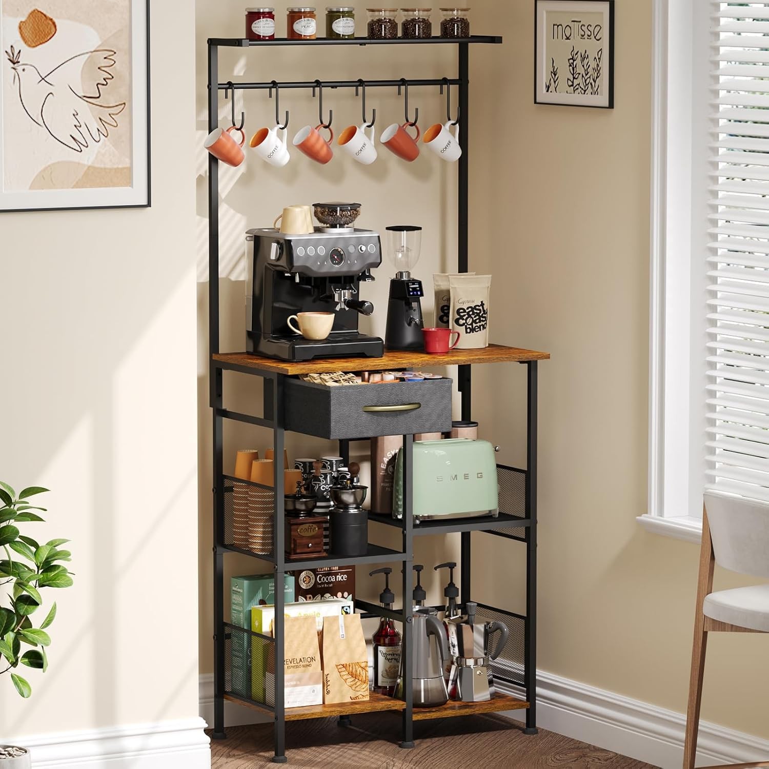 Coffee Bar Stand Station W/ Storage Drawer Extended Worktop Coffee Table