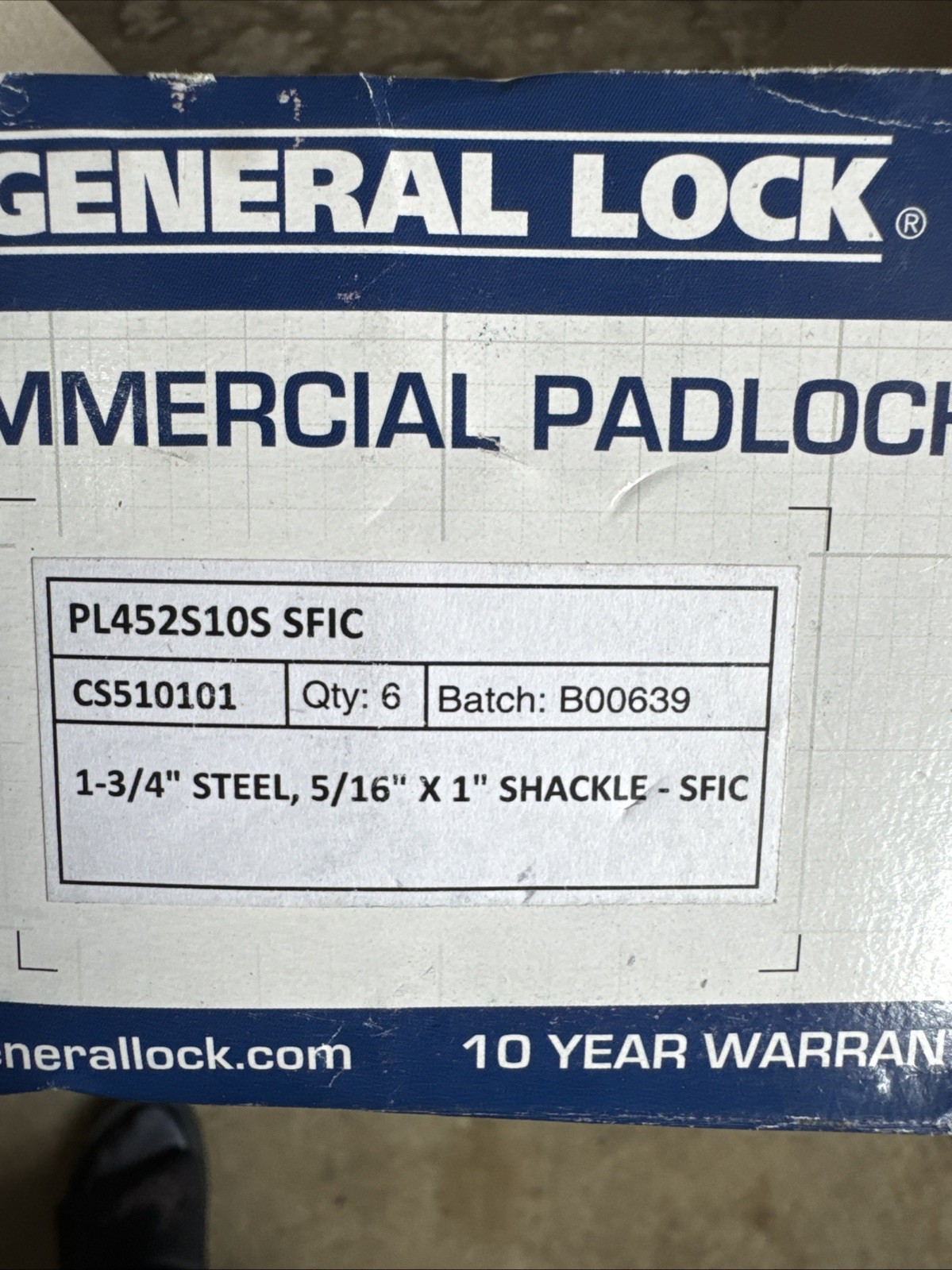 General Lock Padlock Square 1-3/4" Steel P/N PL452S10S SFIC -6 Locks With 3 Keys