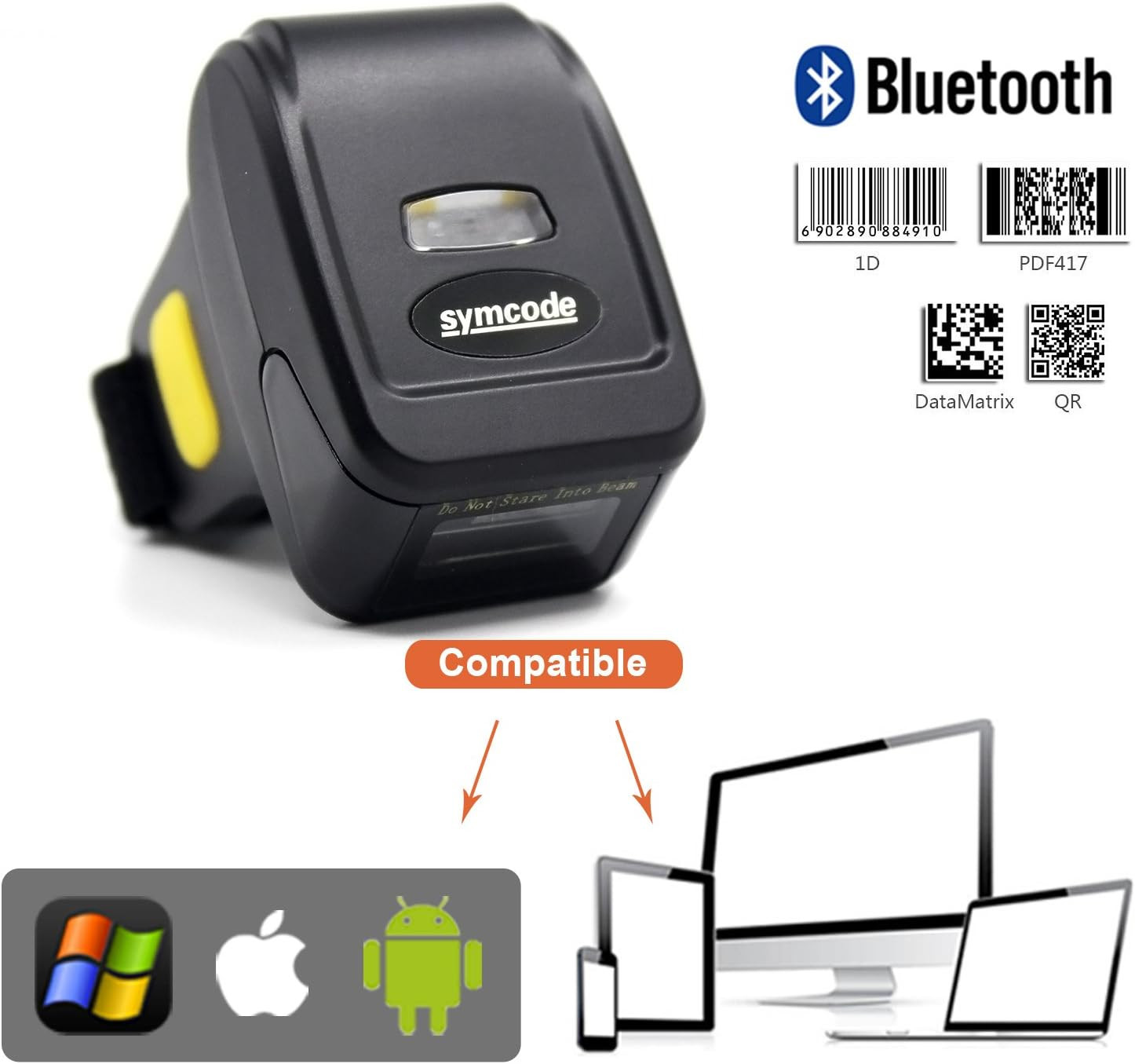 Bluetooth Ring 1D 2D QR Barcode Scanner,Wearable Wireless Finger Mini Bar Code