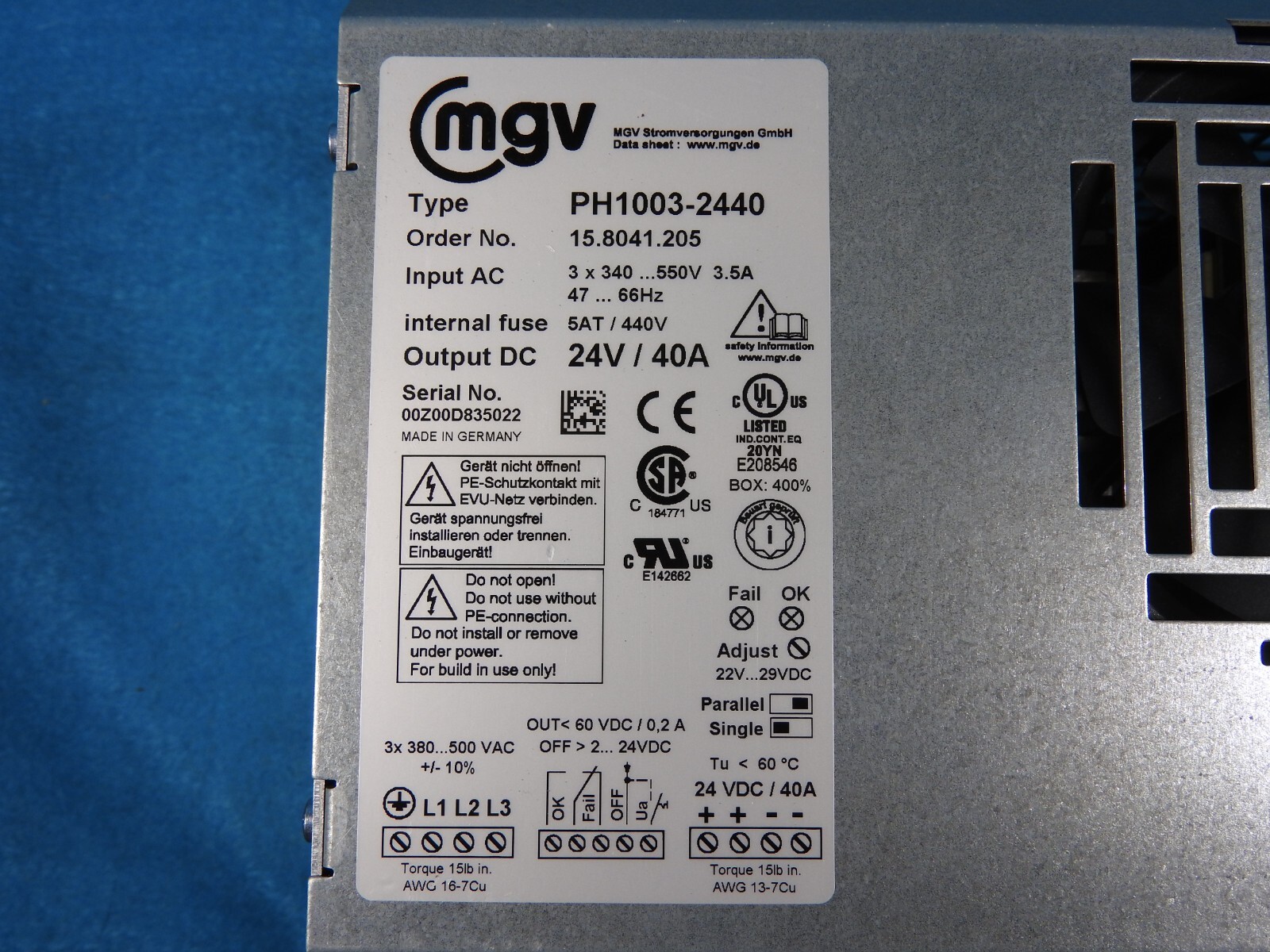 24V, 40A Power Supply, MGV Type PH1003-2440 Power Supply - Used