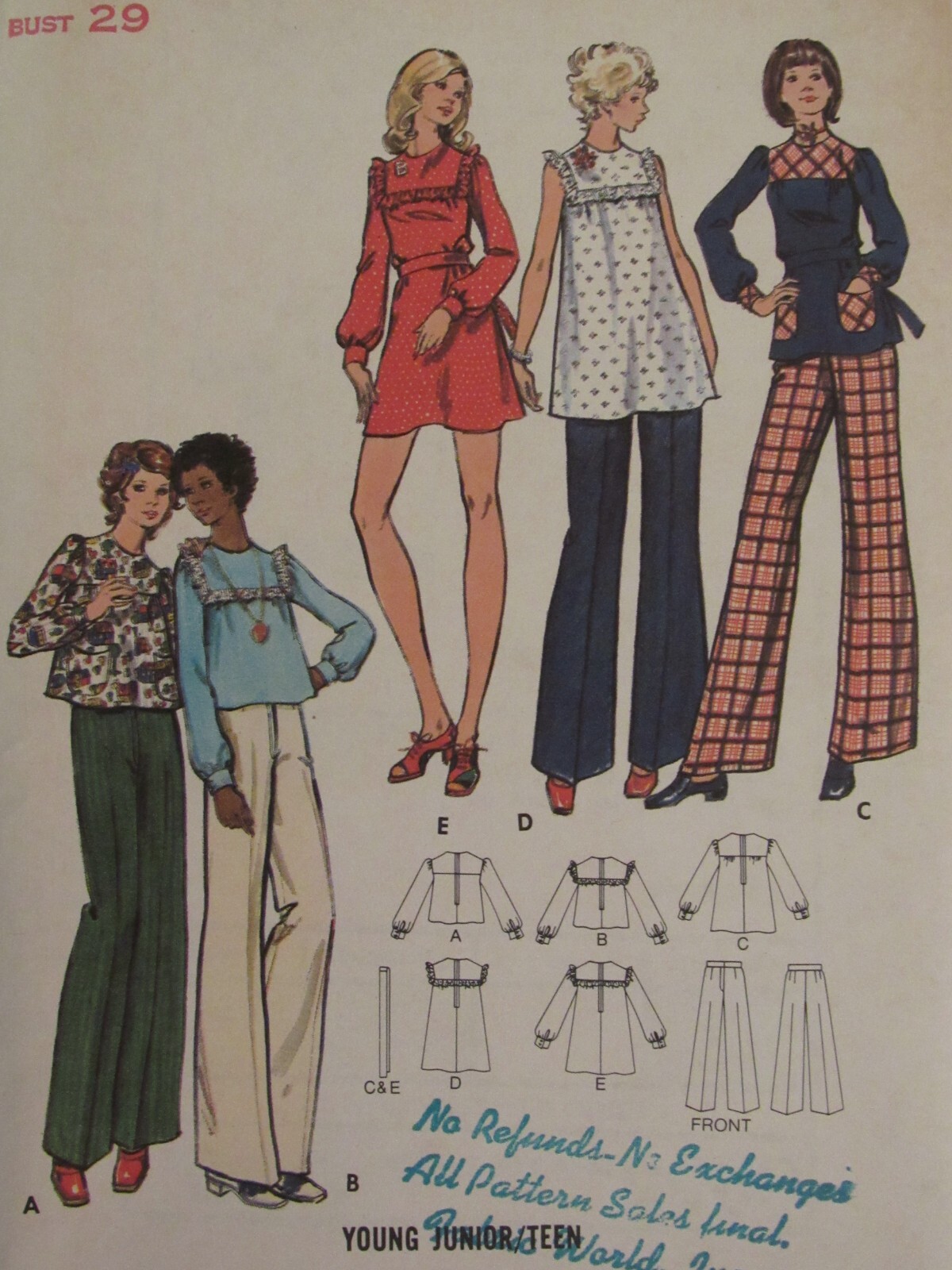 VTG 70s BUTTERICK 6955 Jr Teens Smock Top Dress & Pants PATTERN 7/8~9/10~13/14