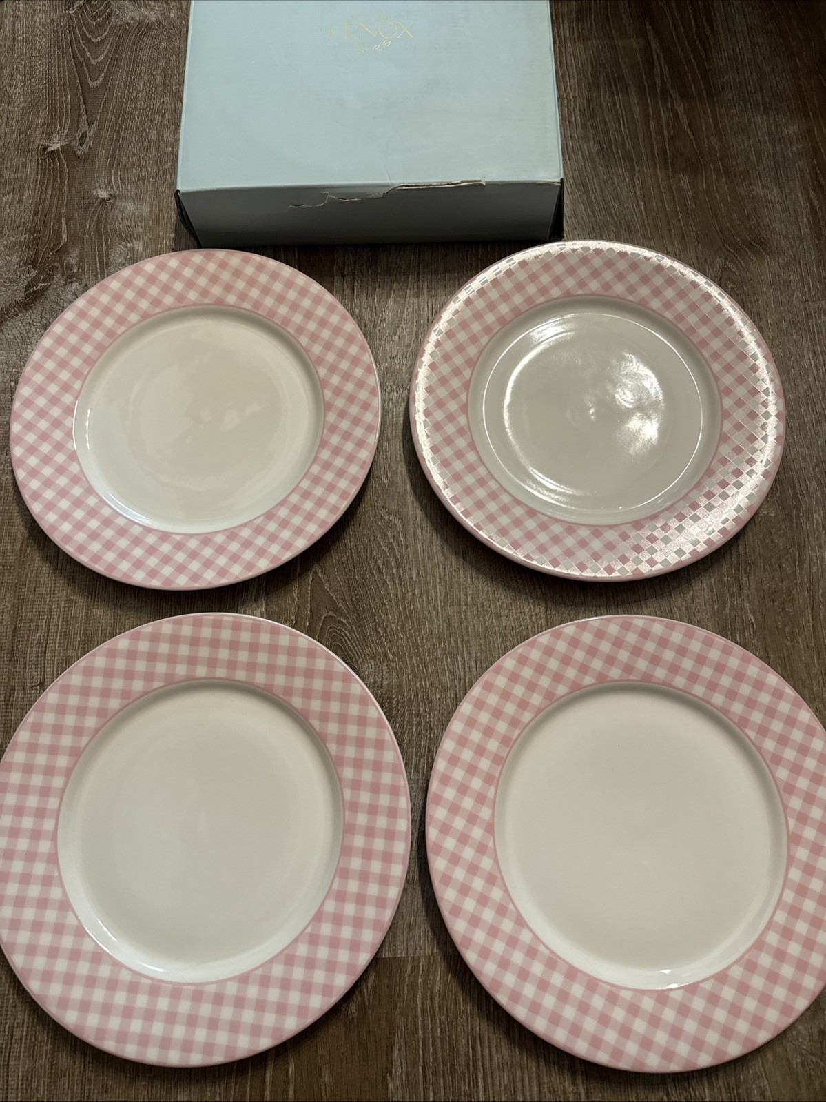 Lenox Gingham Dinner Plates Set of 4 Pink -new In Box