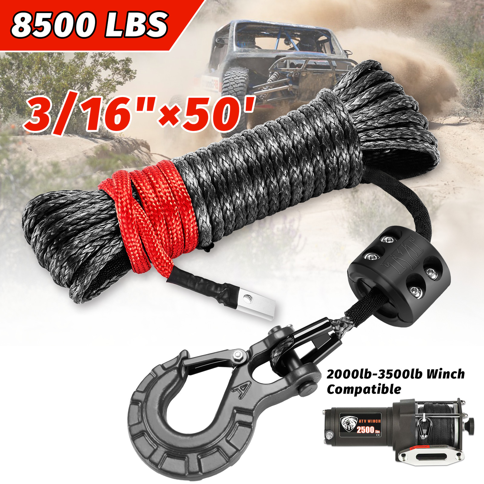 3/16" x 50' 8500LBS Synthetic Rope Winch Cable Hook Stopper For ATV/UTV Polaris