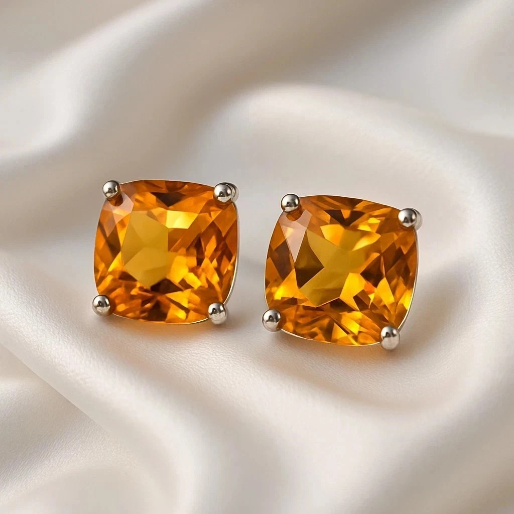 10 Ct+ Pair Natural Yellow Sapphire Cushion 925 Sterling Silver Earring Gemstone