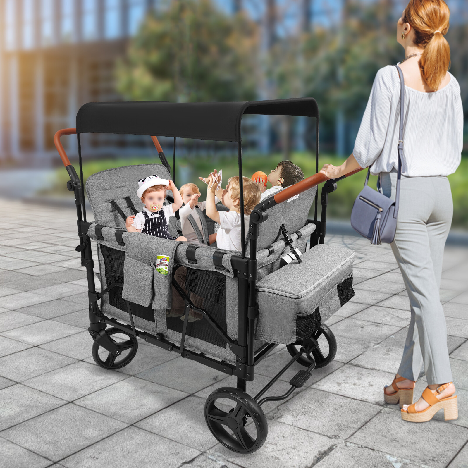High Seat Stroller Wagon Freestand Wagon Cart Featuring Push Bar Wagon Stroller