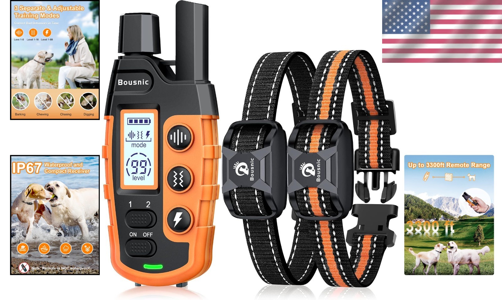 3300 ft Waterproof Dog Shock Collar for 2 Dogs - Beep, Vibration, Shock Modes