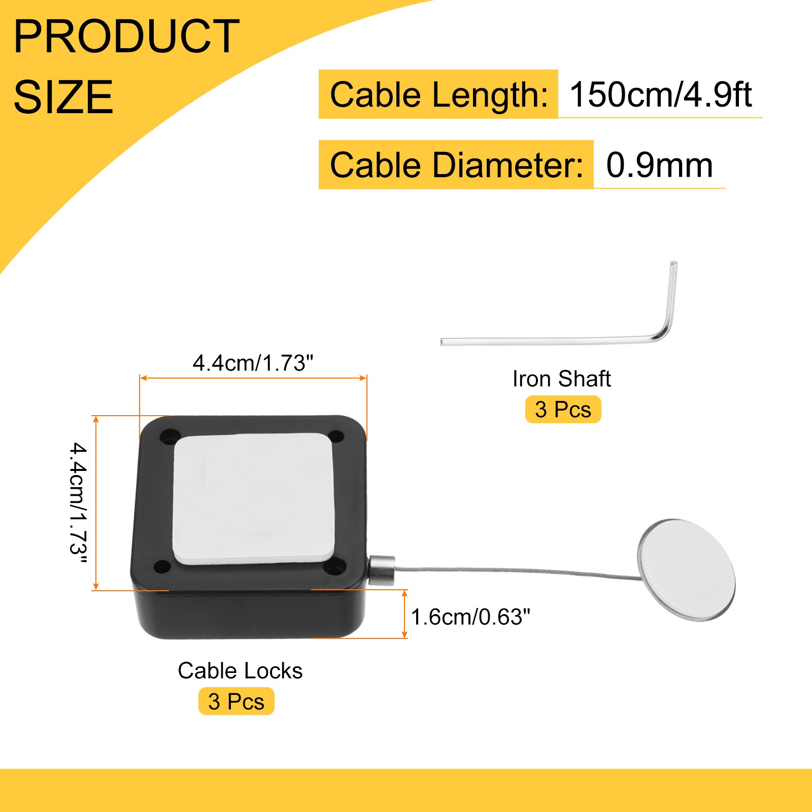 4.9 ft Retractable Cable Security Lock with Round Patch 600g, Black, 3 Pack