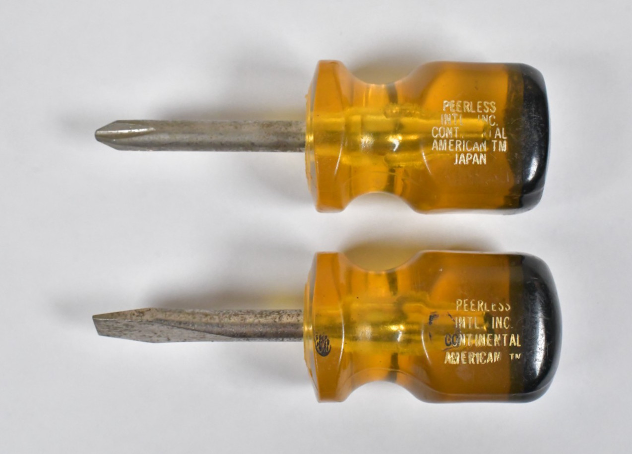 RARE Set 2 Vtg PEERLESS Brand Stubby Short Screwdrivers Phillips Slotted Japan