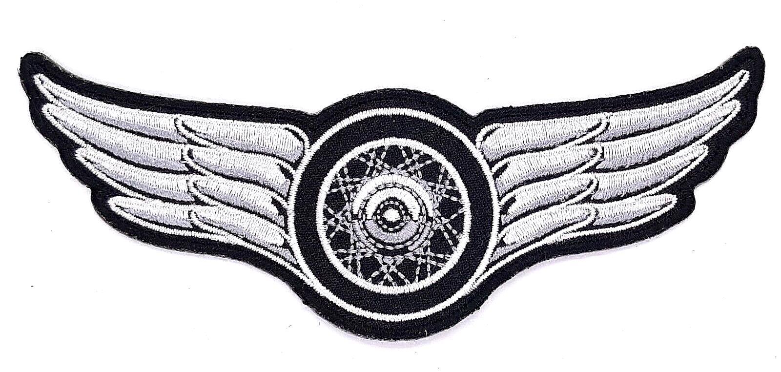 White Winged Wheel Iron On Sew On Embroidered Patch 5"x 1 3/4"