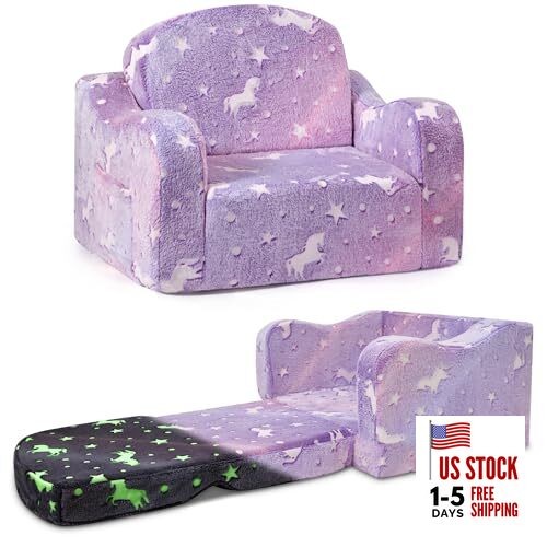 Thick Comfy Toddler Chair and Couch for Kids,2-in-1 Soft Flannel Purple Pony