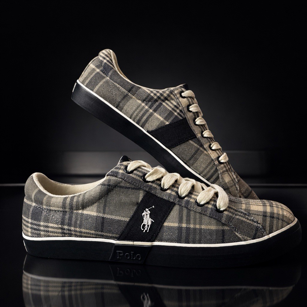 Men’s Polo Ralph Lauren Giles Plaid Canvas Sneakers Pony Logo Size 13 D