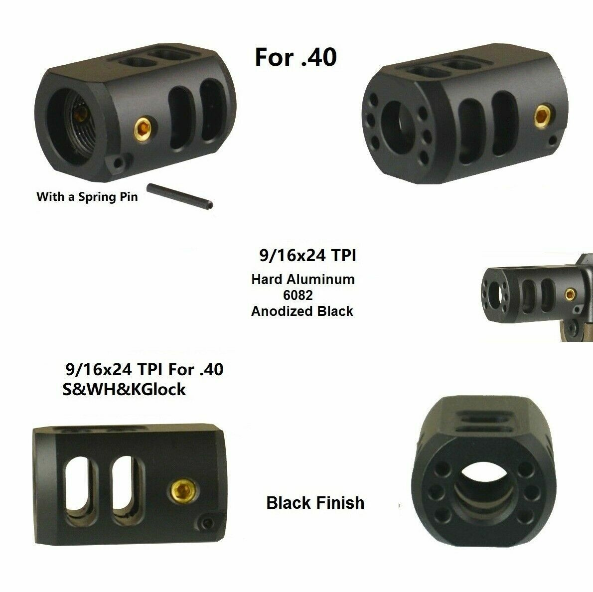9/16x24 TPI Thread Muzzle Brake Compensator Anodized Color For .40