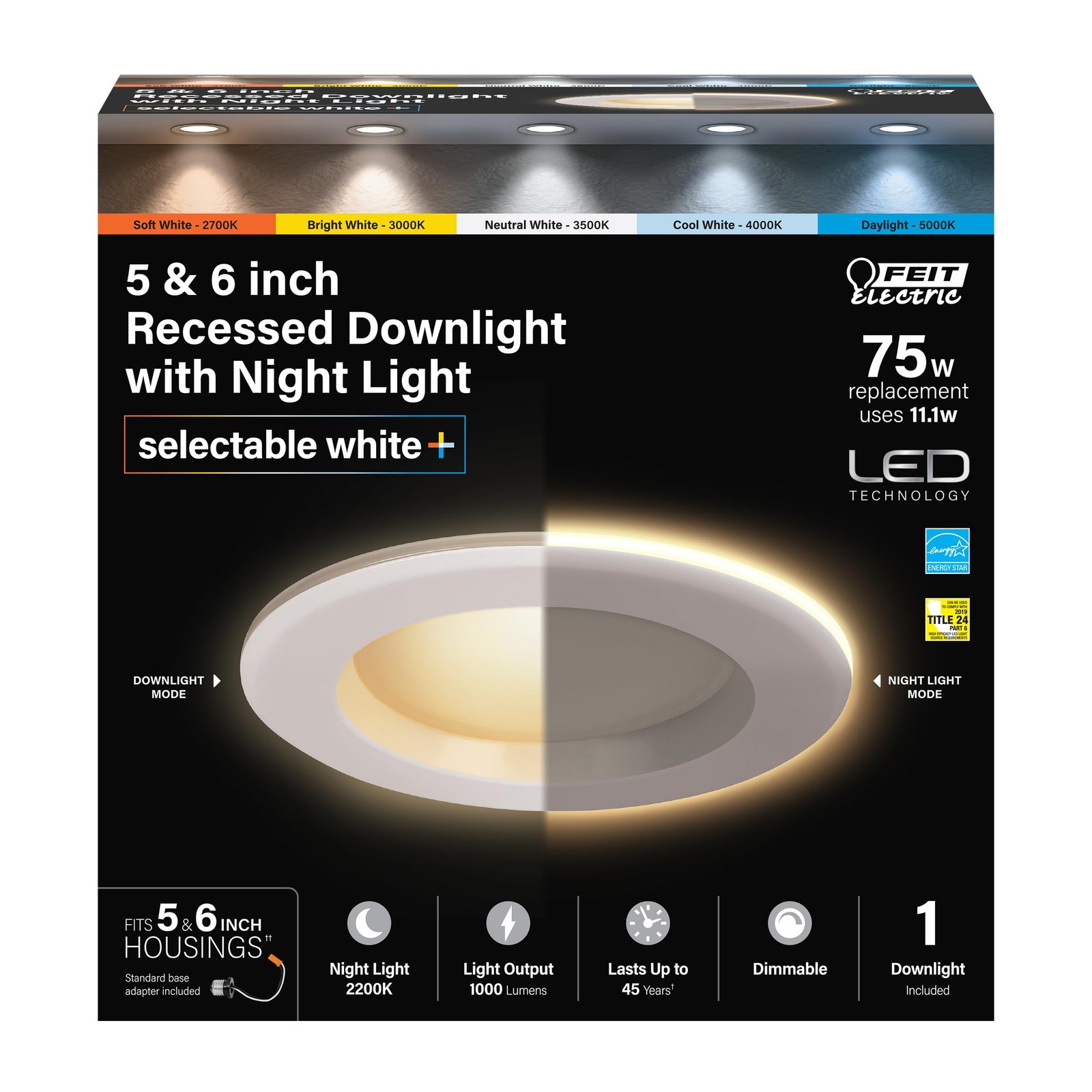Feit Electric 5-6" LED Recessed Downlight with Night Light 1 Pack, 75W