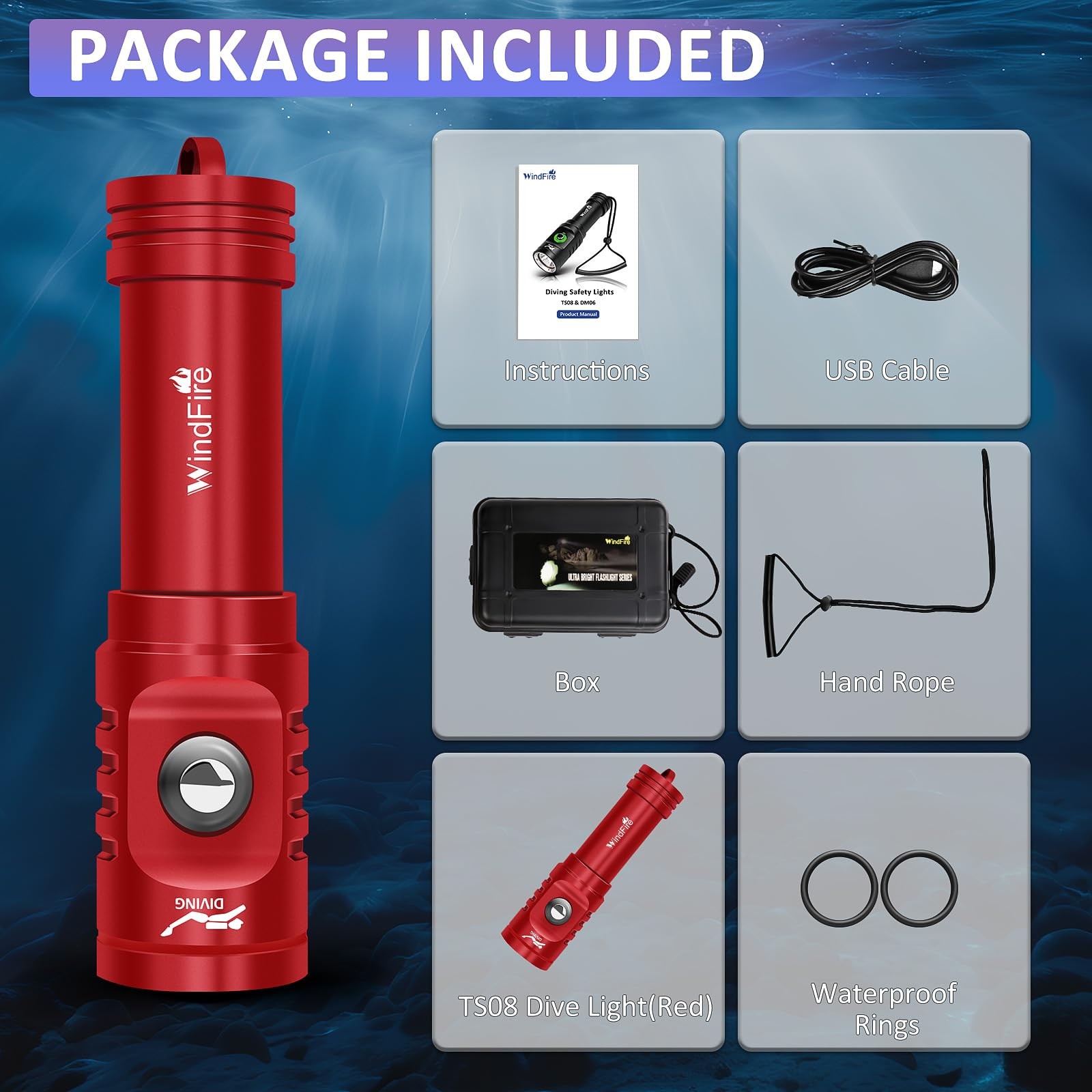 WINDFIRE TS08 Dive Light Super Bright, Scuba Flashlight Red-TS08