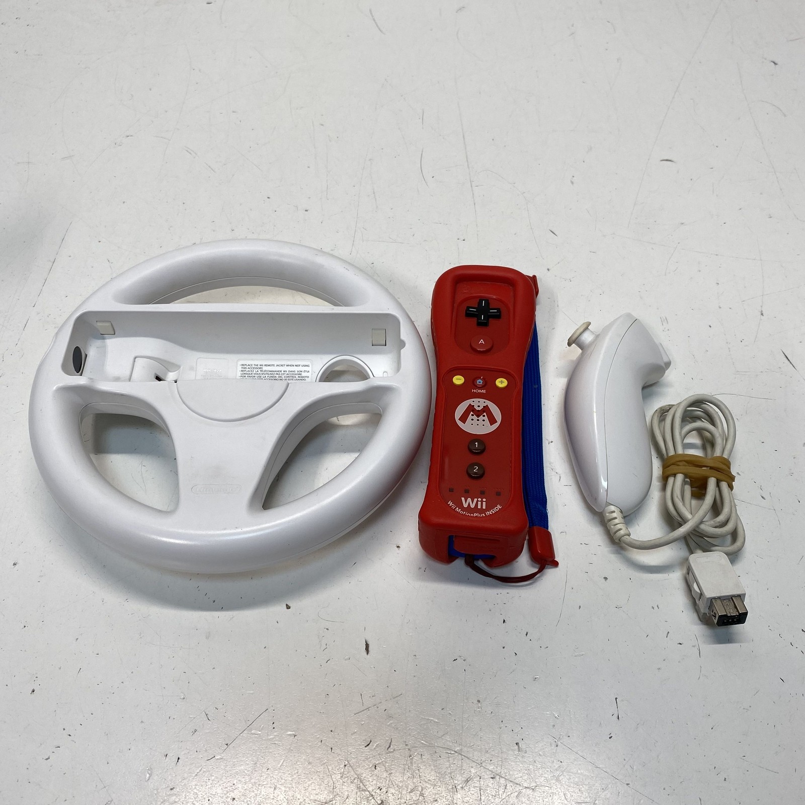 Nintendo Wii Remote Plus Mario Edition Red Controller Nunchuk & Wii Wheel Lot