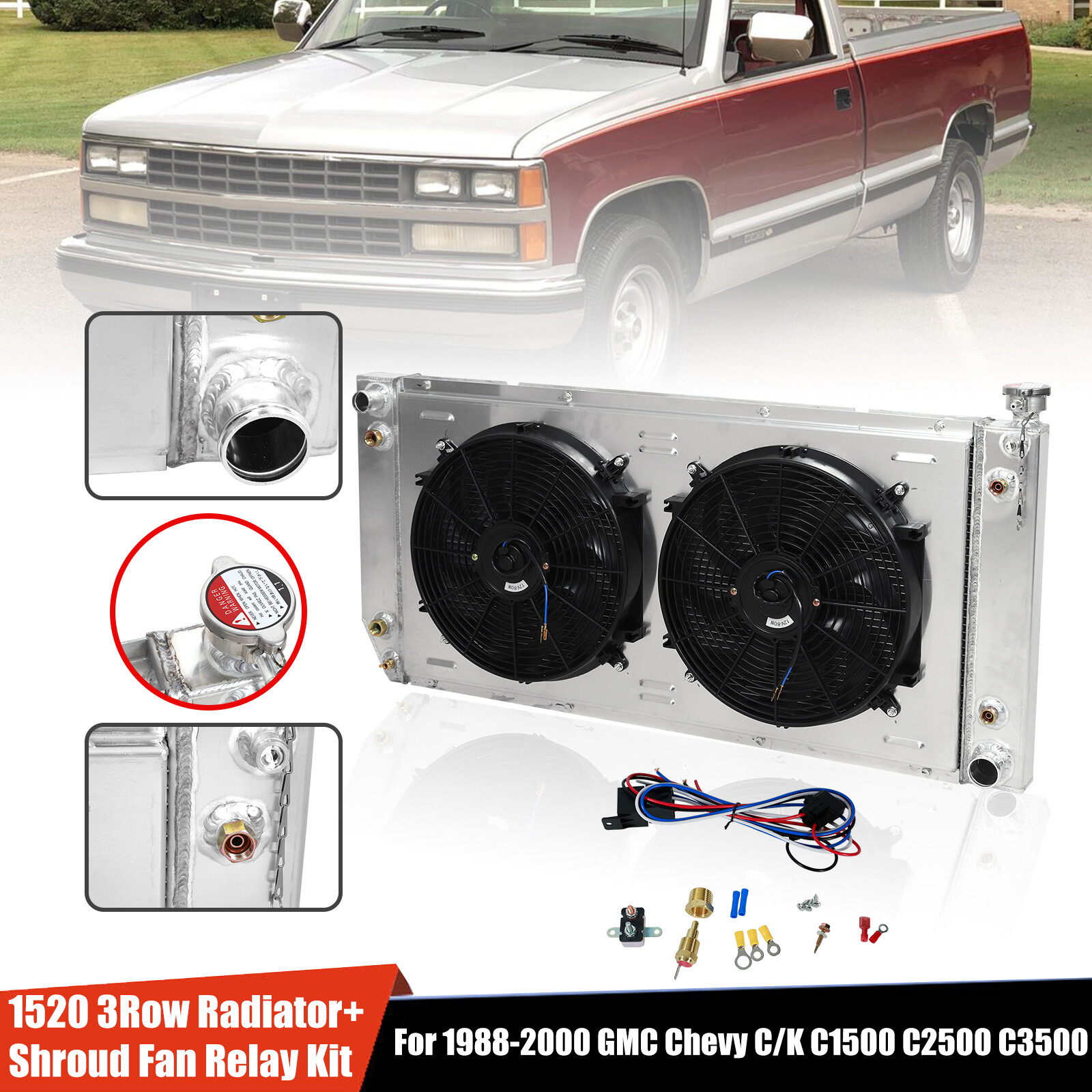 For 1988-2000 CHEVY C/K 1500 2500 3500 Tahoe GMC Yuko 3 Row Radiator Shroud Fan