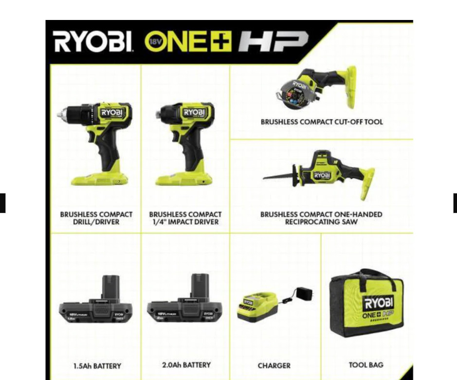 RYOBI PSBCK104K2 - 18V ONE+ HP Compact Brushless 4-Tool Combo Kit - NEW!