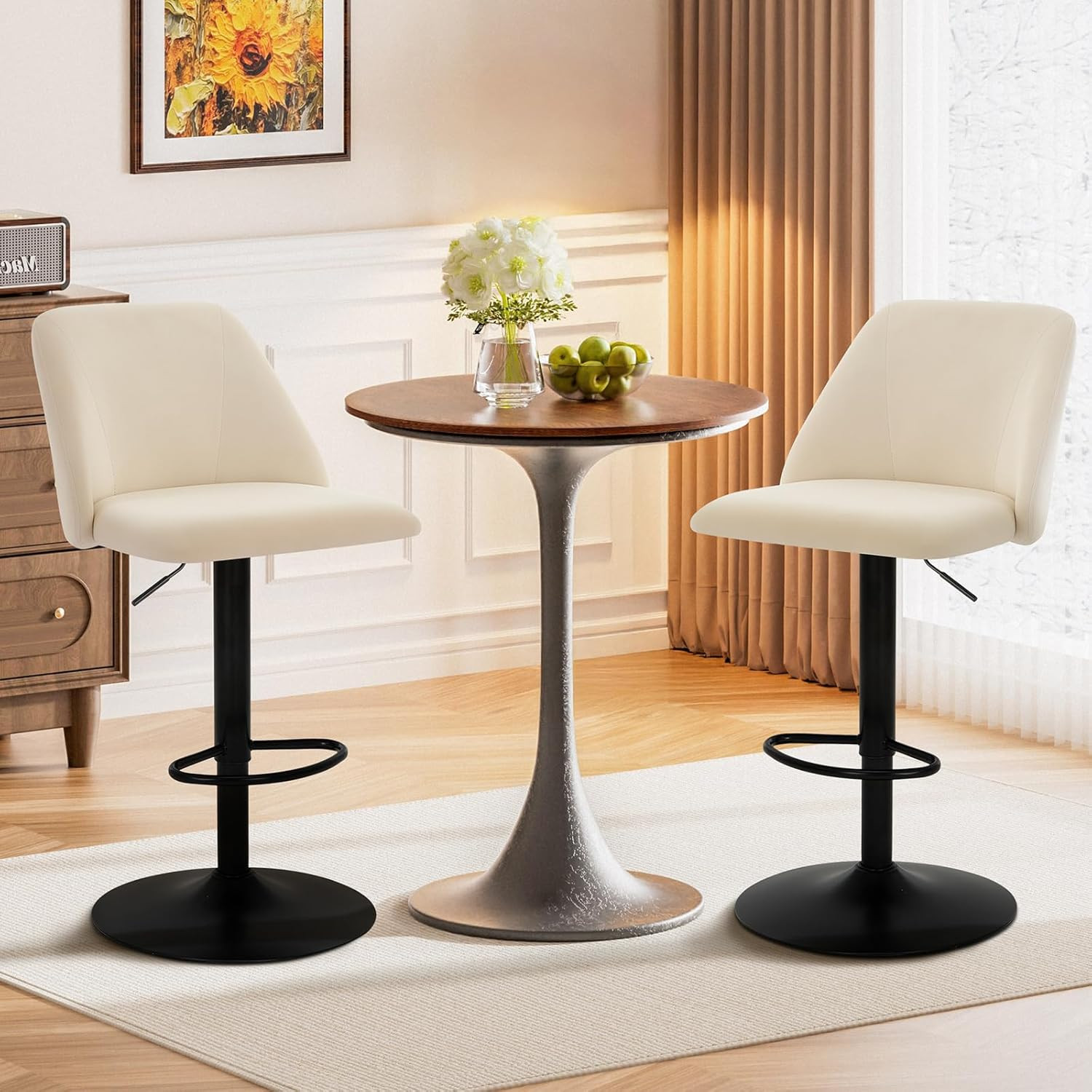 Bar Stools Set of 2, Modern Swivel Bar Chairs, Adjustable Upholstered Barstools