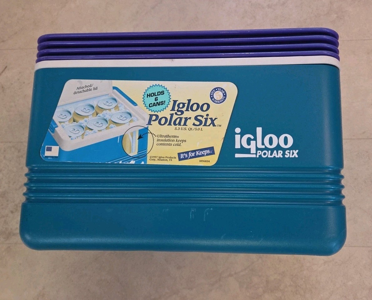 90s Vintage Igloo Polar Six Cooler Teal Purple Handle 6 Pack Cans w/Ice 5L 1997