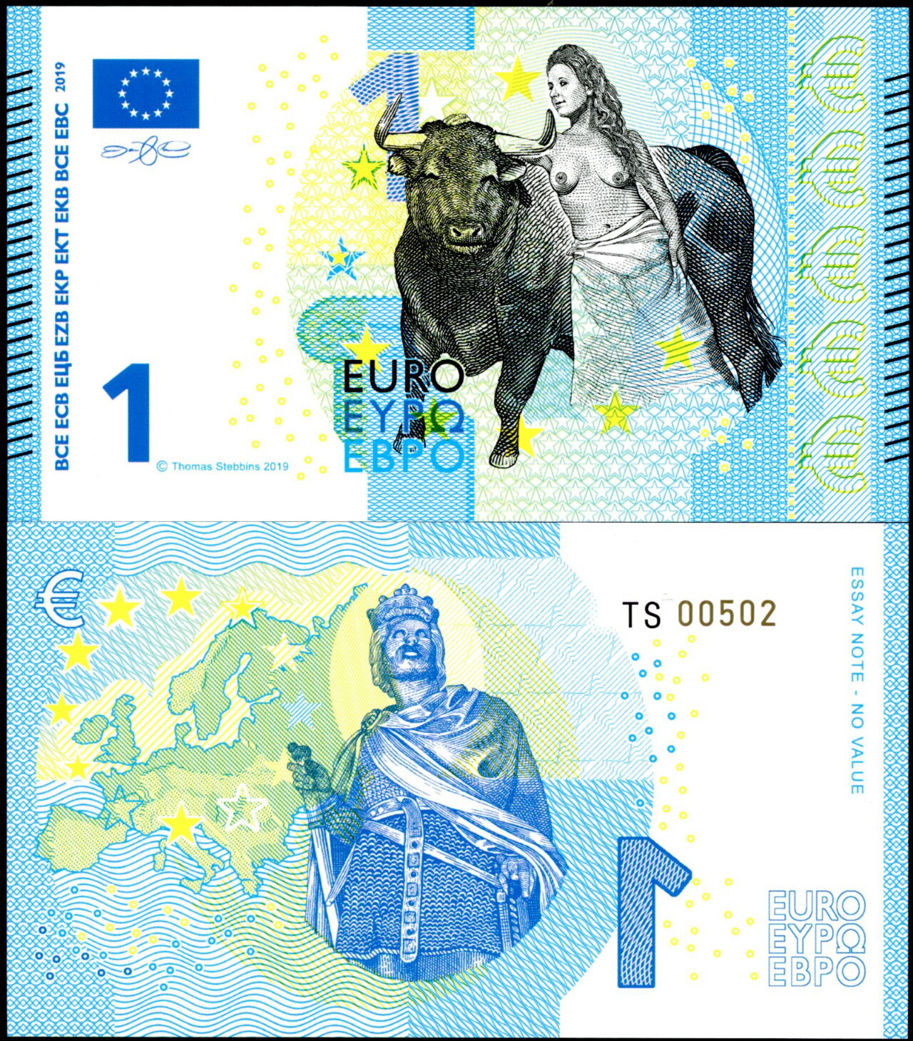 EUROPE 1 EURO POLYMER FANTASY ART BILL - TOPLESS LADY AND BULL; CHARLES MARTELL!