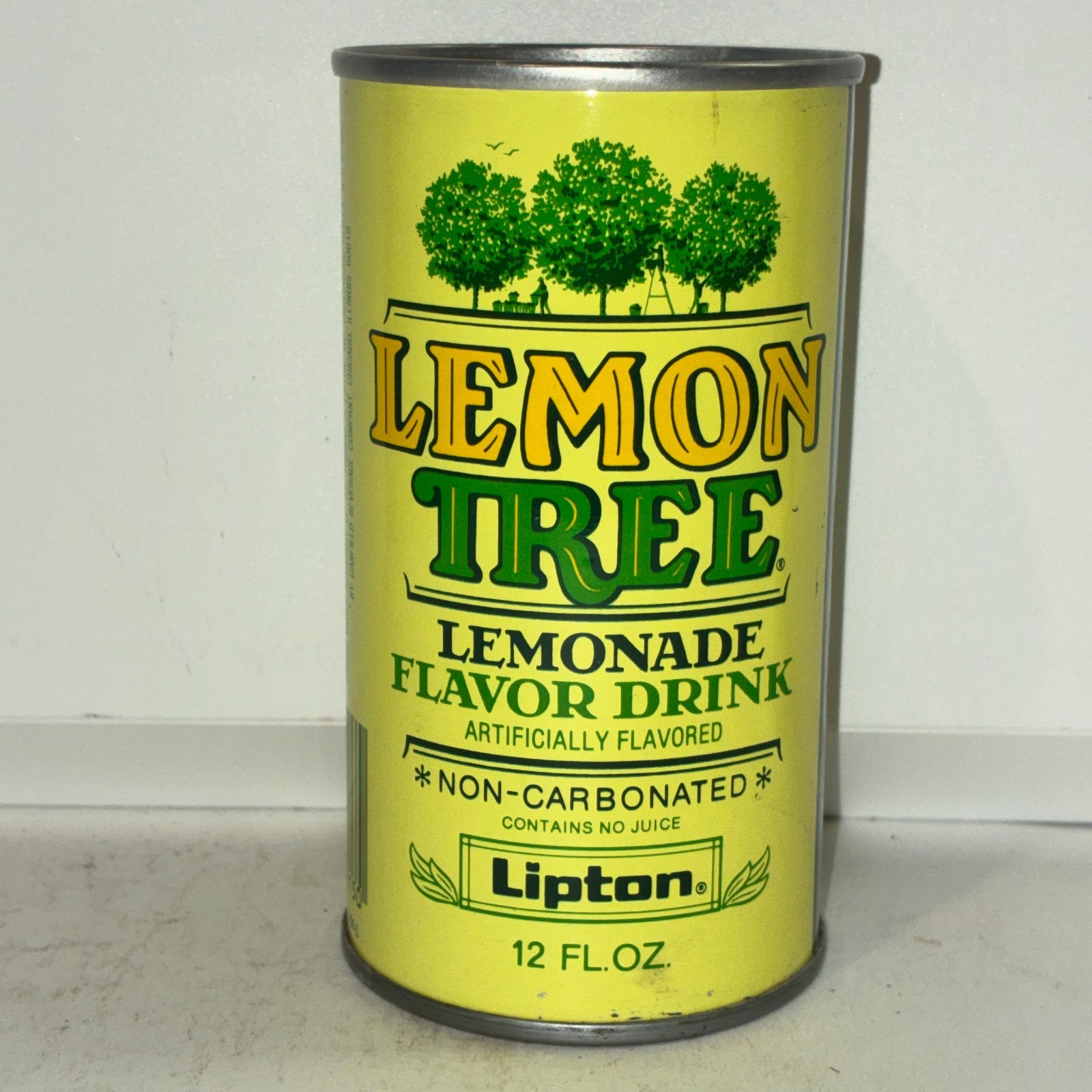 Lipton Lemon Tree Lemonade soda can, straight steel, bottom opened