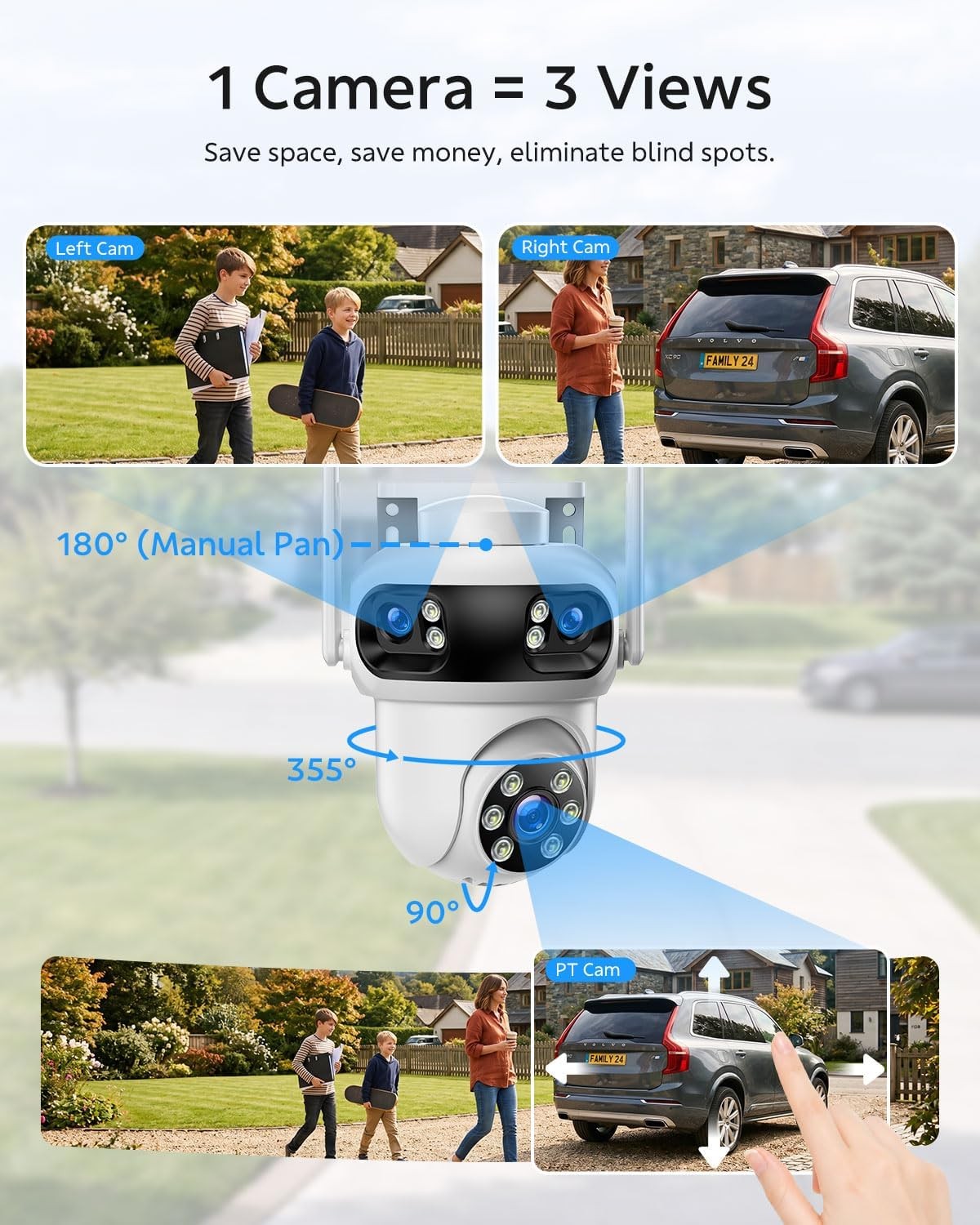 Outdoor Security Camera System 4 Cam 3K Wireless PTZ Auto Tracking Triple Lens