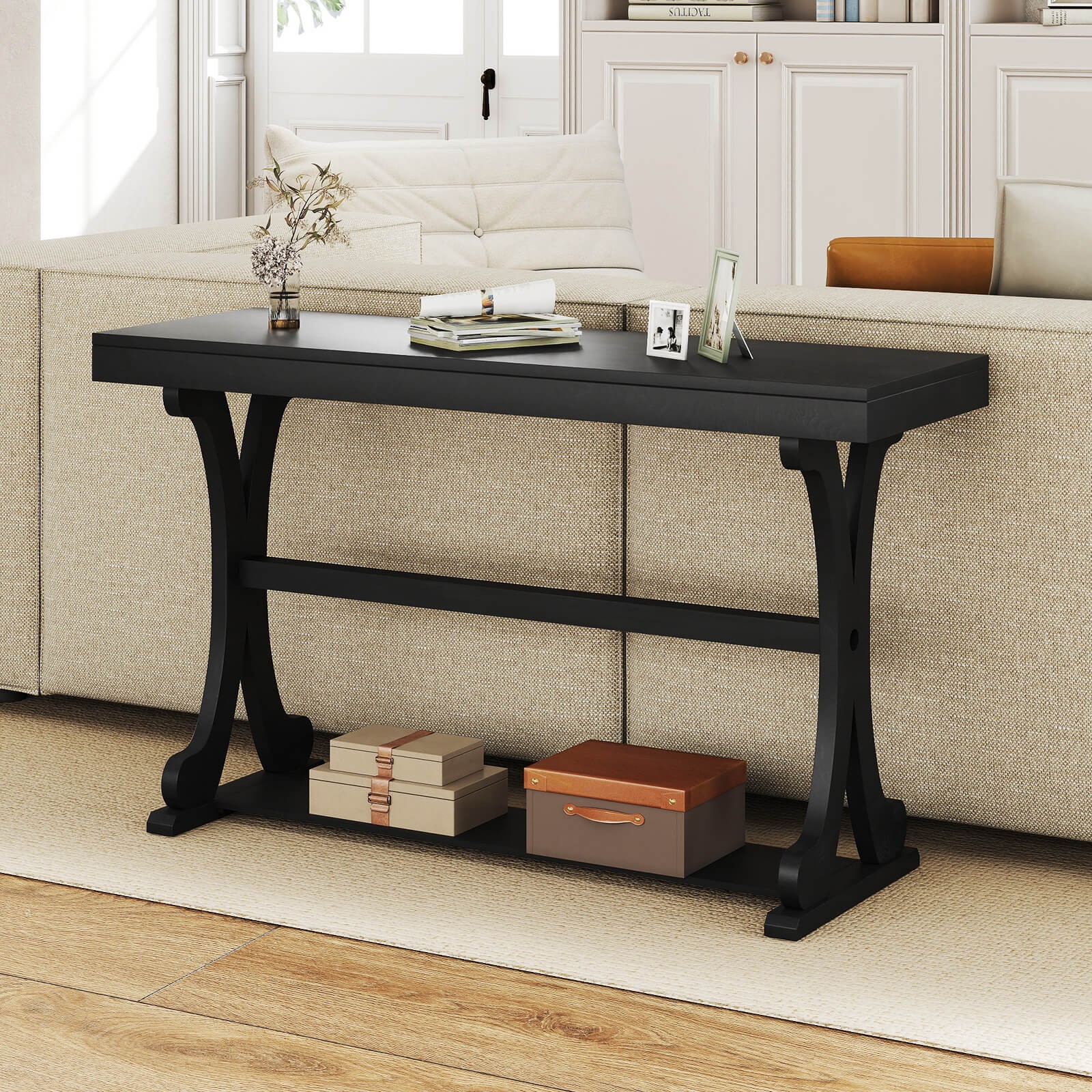 Narrow Console Table Vintage Accent Sofa Table with Open Storage Shelf Black