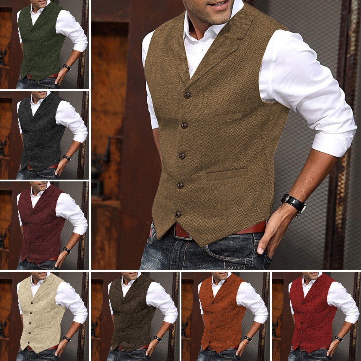 Mens Tweed Vest Cowboy Vintage Western Wool Herringbone Vests M Large XL XXL 3XL