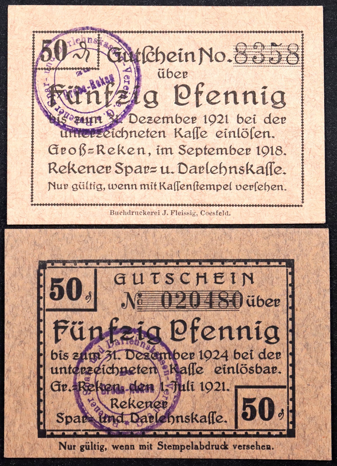 GROSS-REKEN Sept. 1918 / July 1921 2x 50 Pfennig German Notgeld