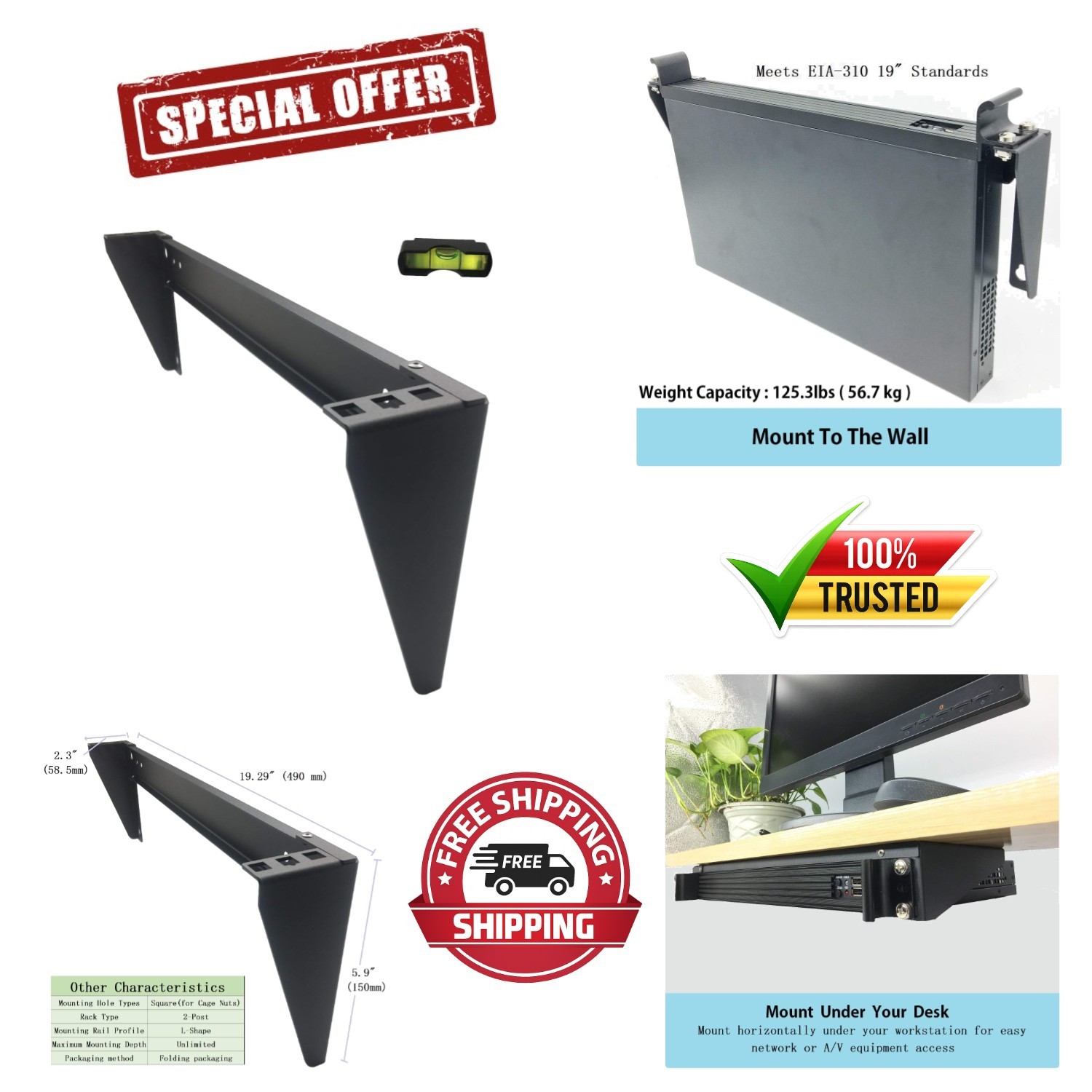 Heavy-Duty 1U 19" Vertical Wall Mount Rack - Supports 125 lbs | Fully Assembled