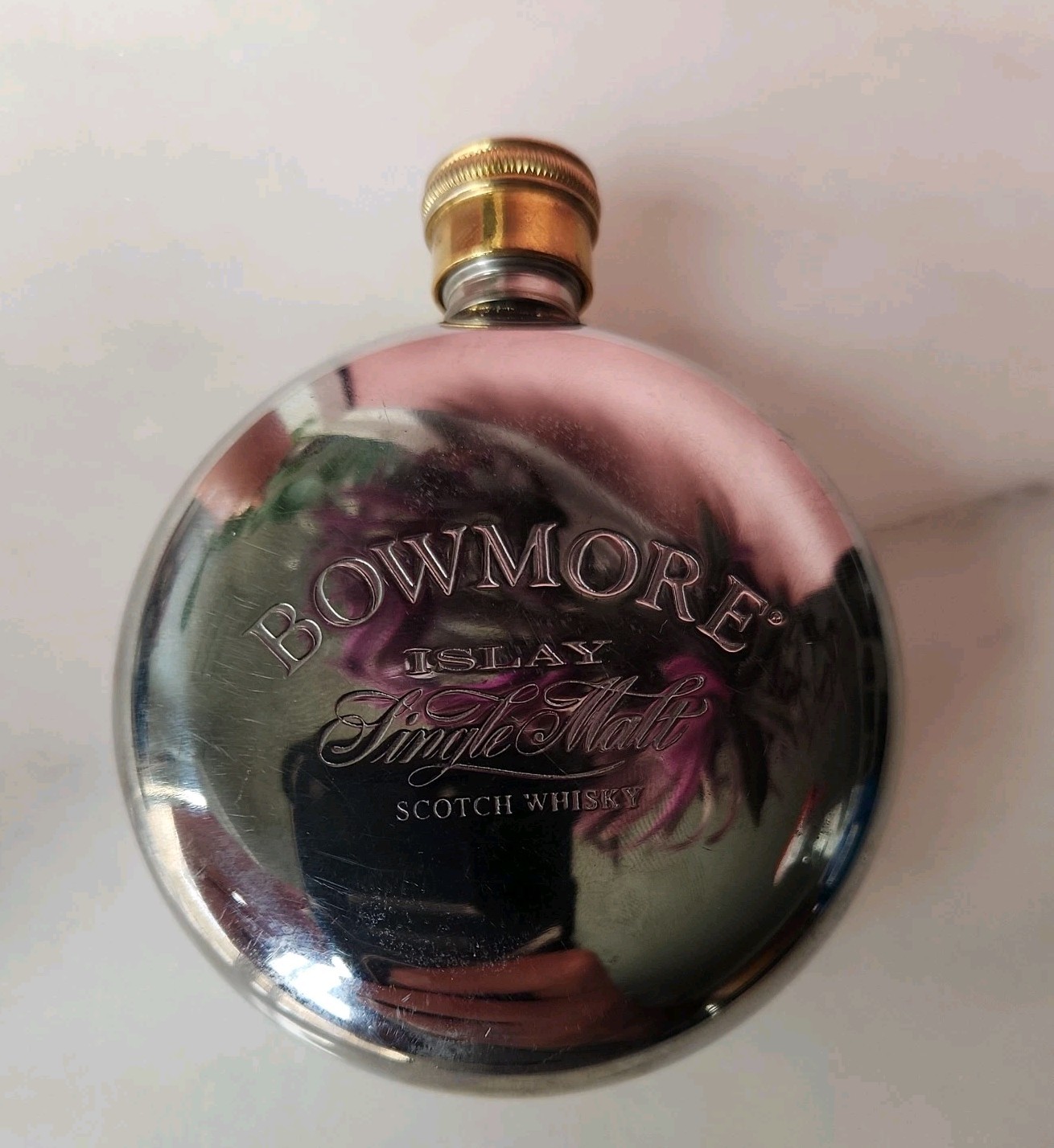 Bowmore Scotch Whisky Round Hip Flask Vintage Silver Collectors 3oz/100ml