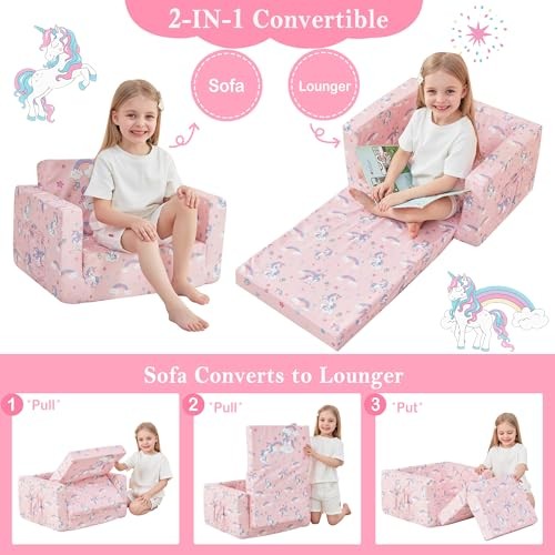 Toddler Couch, 2-in-1 Soft Kids Couch Bed Fold Out, Toddler Chairs Pink Unicorn