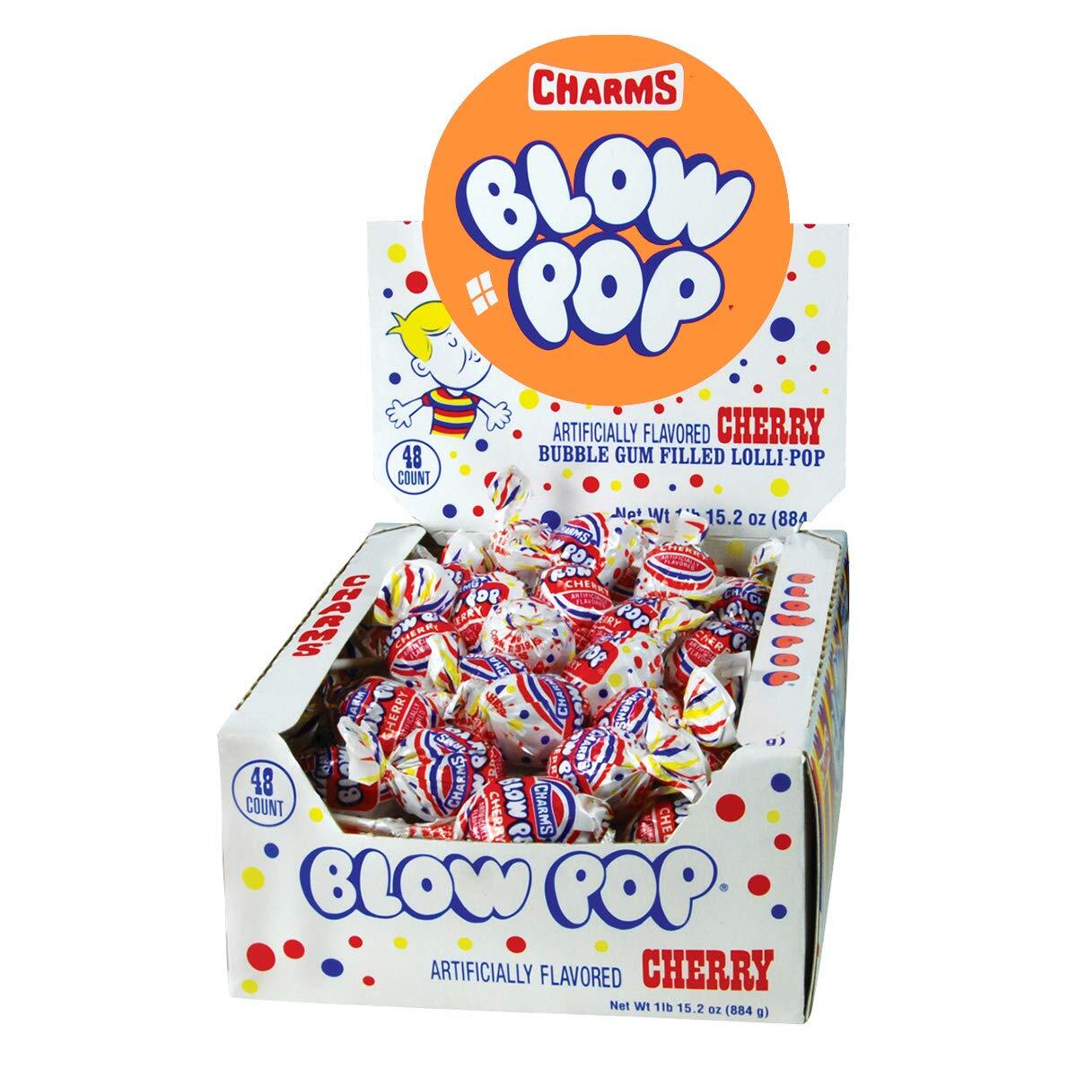 Charms Blow Pops Cherry Flavor 48 Count Chewy Bubble Gum Hard Candy Shell