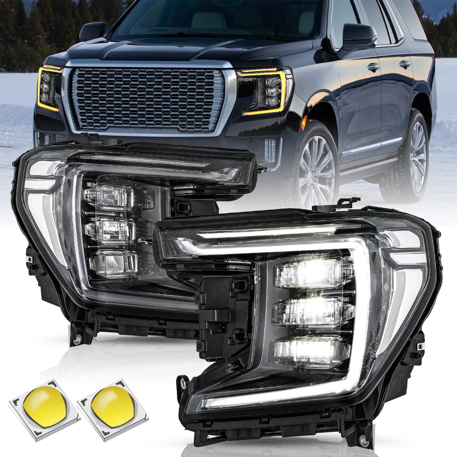 Full LED Headlight Assembly Set for 2021-2024 Yukon/XL OEM Replacement Pair