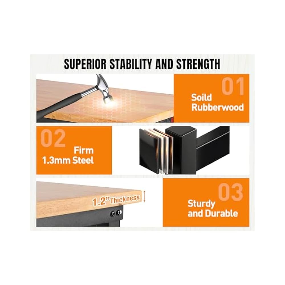 5000 lb Capacity Workbench, 96" Rubber Wood, Perfect for Home & Garage