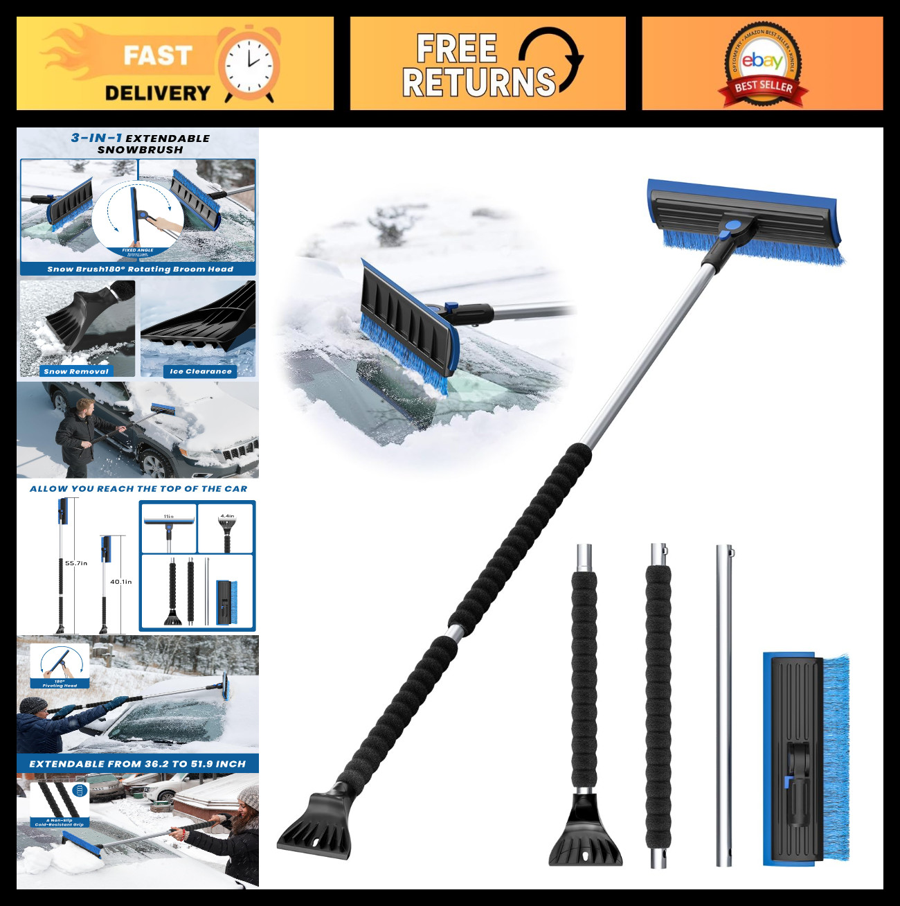 55.7" Snow Brush & Ice Scraper for Car Windshield - Extra Long, Foam Grip, Pivot