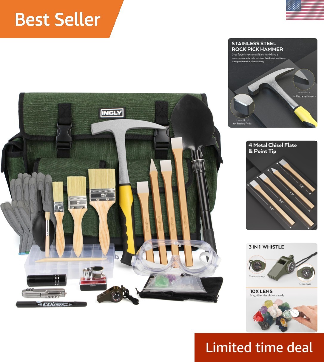 26PCS Upgrade Geology Rock Pick Hammer Kit, 33.8 oz Hammer & 4 PCS Digging Ch...