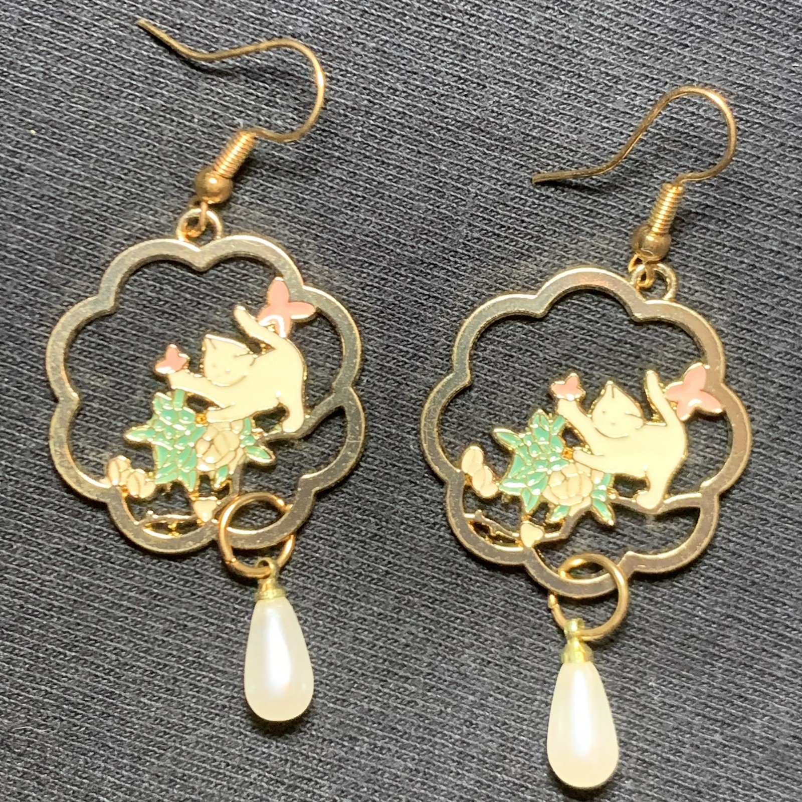 A Flower Edge, Pearl On The Bottom , Kitty Playing W/ Butterflies, Earrings.