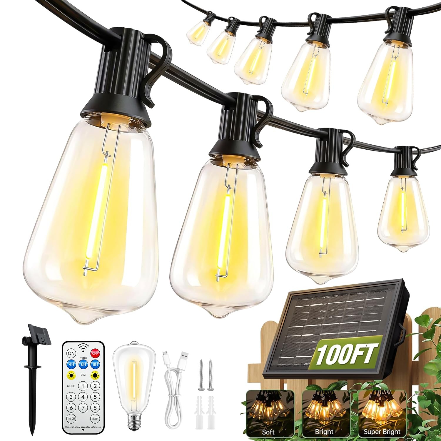 100FT Solar String Lights Outdoor Waterproof with Remote 100 feet, Warm White
