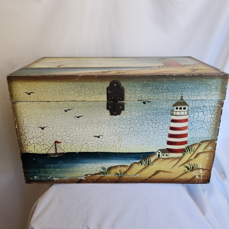 Lighthouse Nautical Trunk Chest Vintage Wooden  Sailboat Hinged Handles GIFT