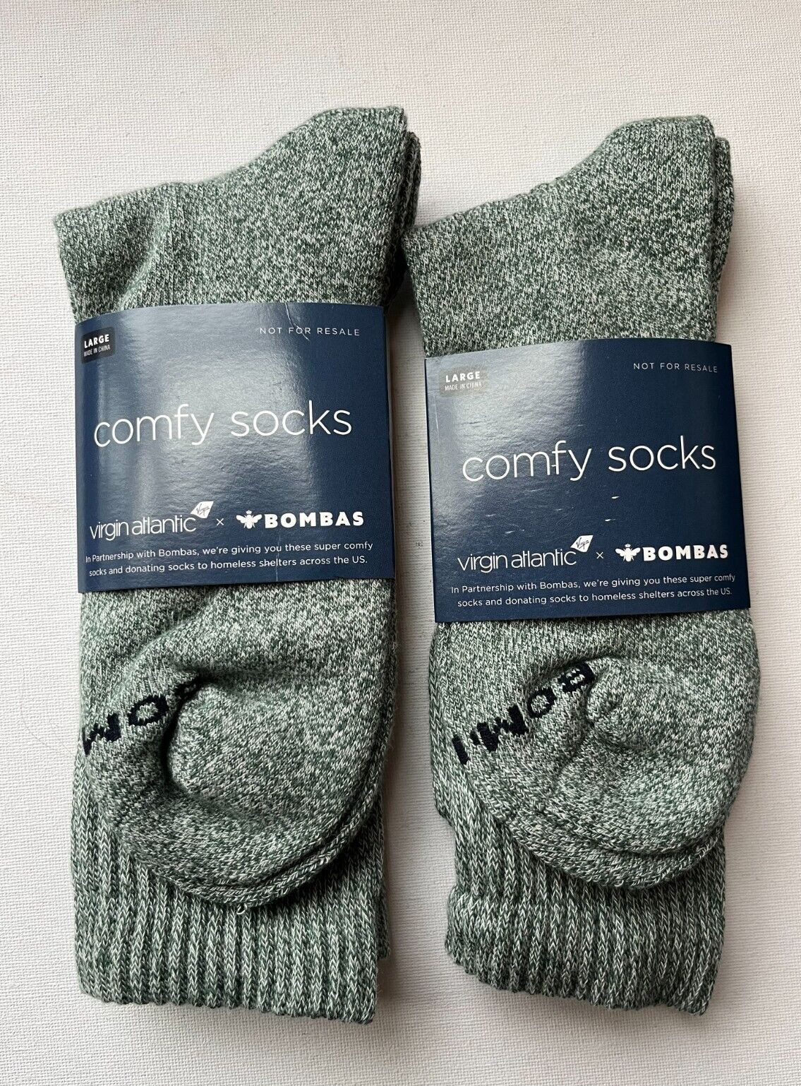 2 Pairs Virgin Atlantic Bombas Comfy Socks Large Green New with tags